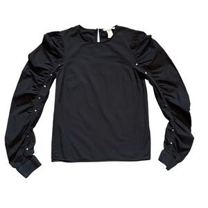 H&M Studded Ruched Long Puff Sleeve Black Cotton Top Size 2